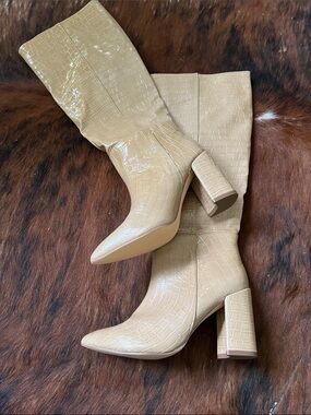 Classic Croc-Embossed Knee Boots in Beige